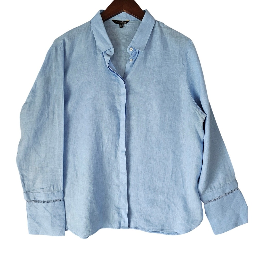 Massimo Dutti Blue 100% Linen Button Down Shirt Embroidered Cuff USA 12